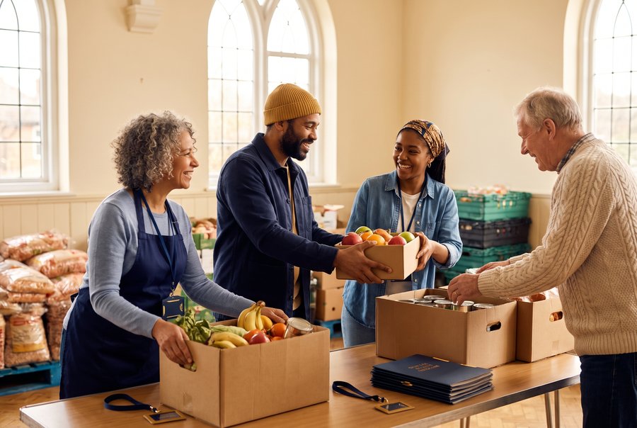 Four community volunteers smiling together while packing a donation box of fresh produce and canned goods